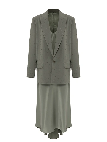 Grey Silk Midi Dress & Jacket Set, 1
