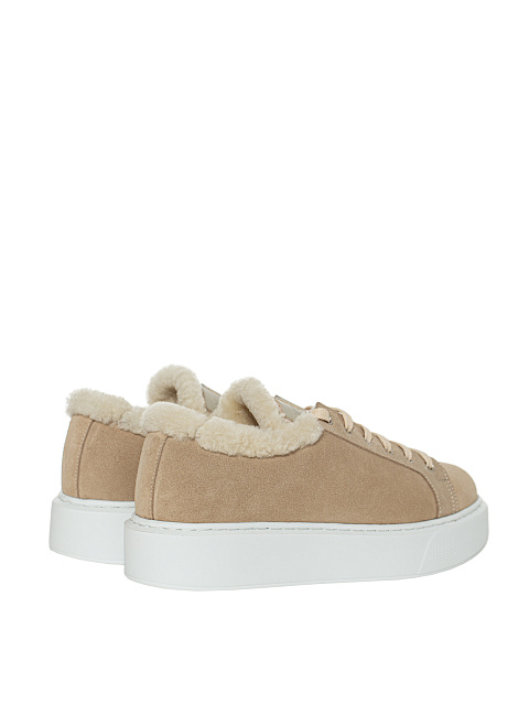 Beige Velour & Shearling Sneakers, 3