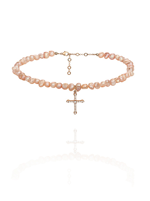 Rose Pearls & Silver Cross Choker, 1