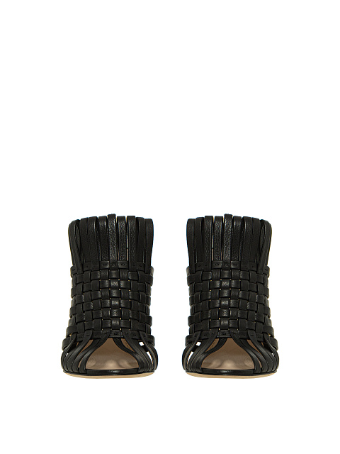 Black Woven Leather Heeled Mules, 2