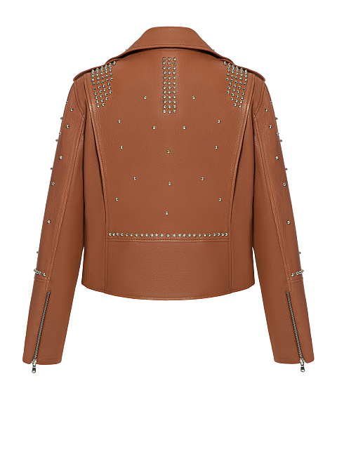 Brown Studded Leather Biker Jacket , 2
