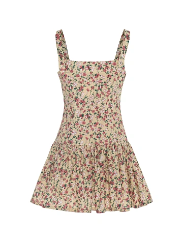 Beige cotton mini dress with pink floral print, 2