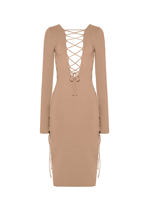 Beige Lace Up Jersey Midi Dress, 1 Beige Lace Up Jersey Midi Dress, 1