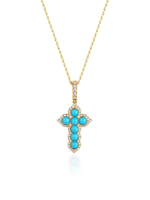 Yellow gold cross pendant necklace with turquoise and diamonds, 1
