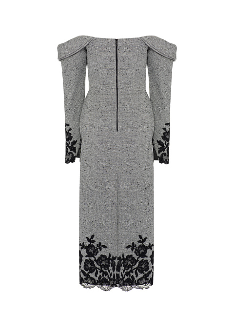 Grey & Black Lace Trim Wool Midi Dress, 2
