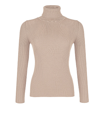 Light Beige Rib Knit Jersey Turtleneck, 1