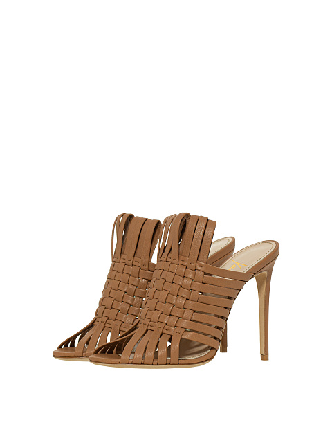 Brown Woven Leather Heeled Mules, 1