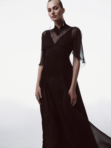 Black Silk Maxi Dress With Chiffon & Lace Cape, 2