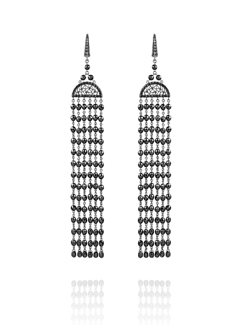 Black Briolette Diamond, Black Round Diamond & Black Gold Earrings, 1