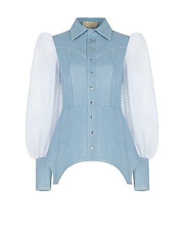 Blue Denim Shirt With Chiffon Sleeves, 1