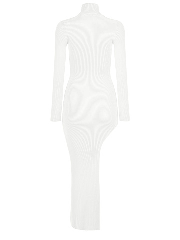 White Rib Knit Turtleneck Cut Out Maxi Dress, 2