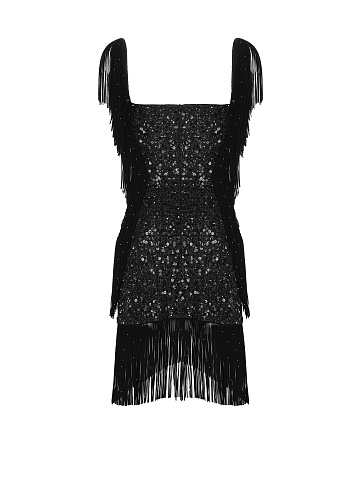 Black Sequined & Fringed Suede Mini Dress, 2