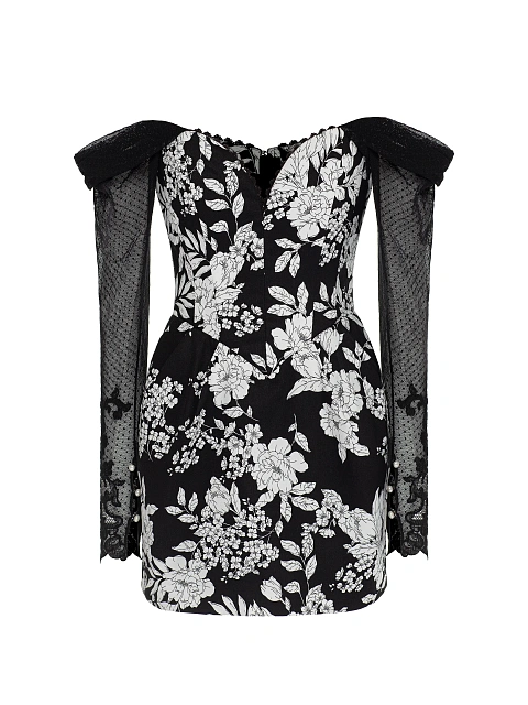 Black & White Floral Print Cotton Mini Dress, 1 Black & White Floral Print Cotton Mini Dress, 1