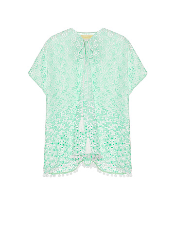 Kid's Green & White Pompon Trim Cotton Tunic Dress, 1