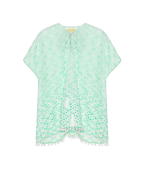 Kid's Green & White Pompon Trim Cotton Tunic Dress, 1 Kid's Green & White Pompon Trim Cotton Tunic Dress, 1