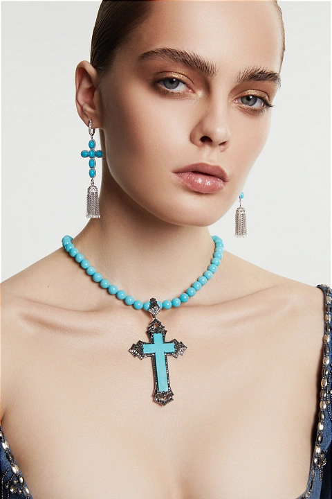 White Gold & Turquoise Cross Tassel Earrings, 4