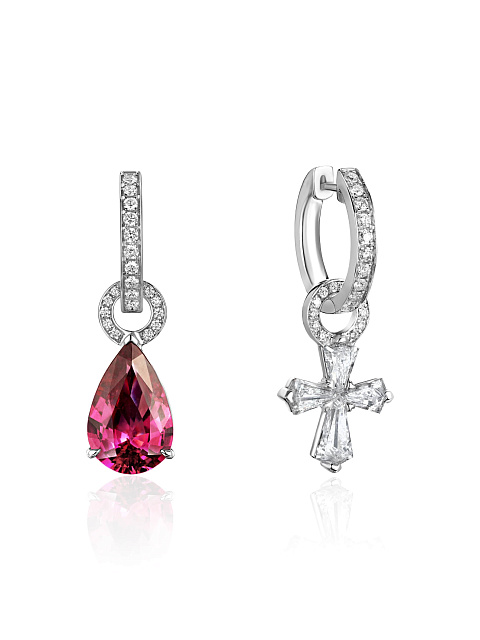 White gold hoops with pear-cut rhodolite and cross-shaped pendant, 1