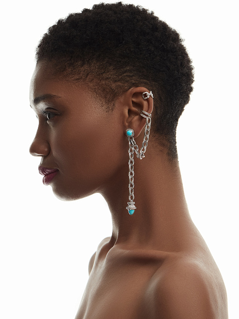 Cabochon Turquoise, Round Diamond & White Gold Earrings, 4