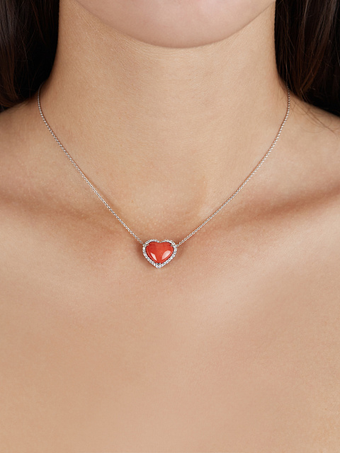 White Gold, Heart-Shaped Coral & Diamonds Necklace, 3
