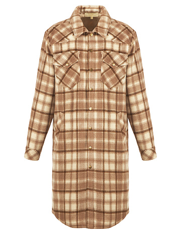 Light Brown Checked Wool Long Overshirt, 1