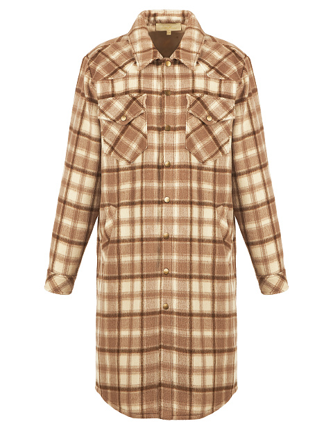 Light Brown Checked Wool Long Overshirt, 1 Light Brown Checked Wool Long Overshirt, 1
