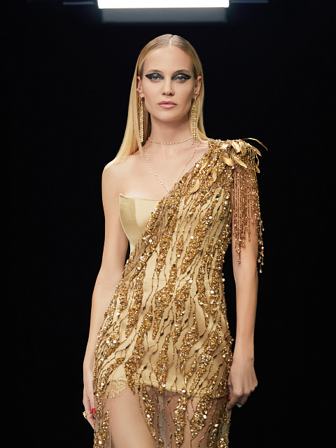 Gold Asymmetric Embroidered Mesh Maxi Dress, 6 Gold Asymmetric Embroidered Mesh Maxi Dress, 6