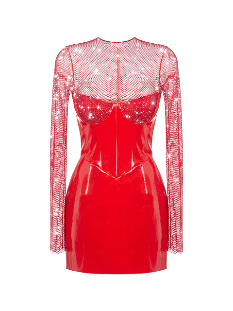 Red Leather & Rhinestones Mesh Mini Dress, 1