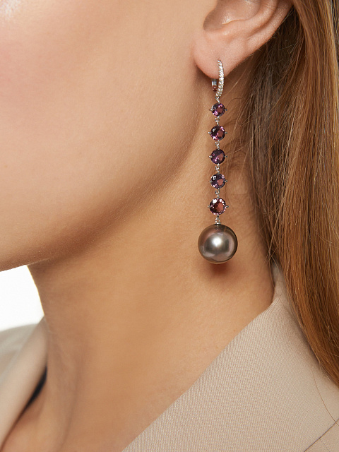 White gold earrings with pearls and spinels in dégradé shades, 6