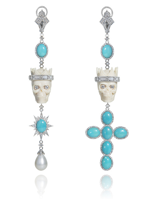 White Gold, Turquoise, Diamonds & Mammoth Tusk Skull Earrings, 1