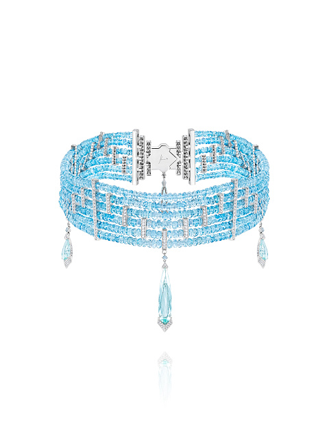 White gold choker necklace with aquamarines and diamonds, 1