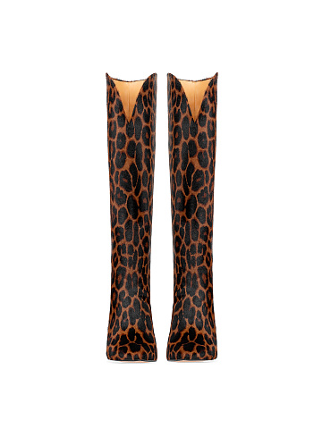 Leopard Printed Kangaroo Fur Heeled Tall Boots, 2