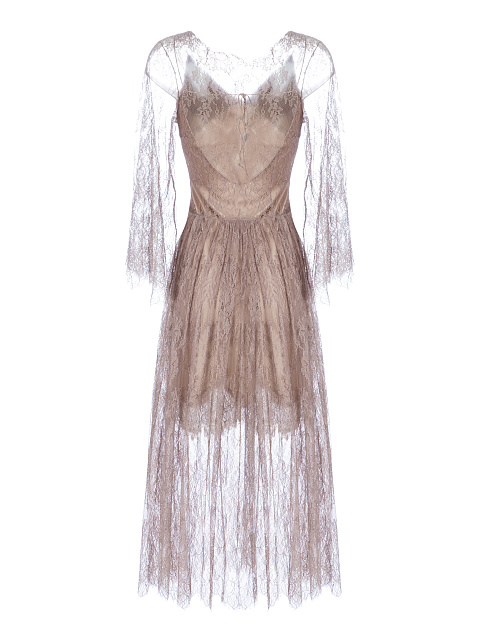 Beige Lace Double-Layered Midi Dress, 2 Beige Lace Double-Layered Midi Dress, 2