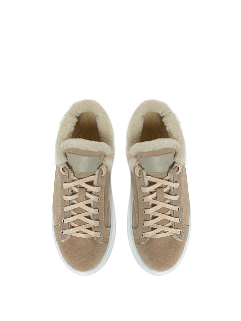 Beige Velour & Shearling Sneakers, 4