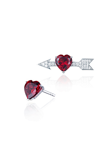 White Gold, Diamonds & Heart-cut Rubies Studs, 1