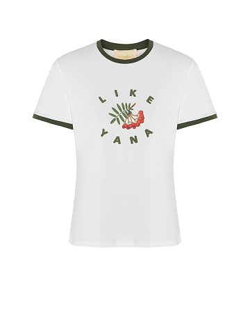 White T-shirt With Print And Green Piping, 1