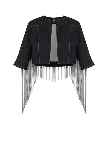 Black Embroidered Fringed Denim Jacket, 1
