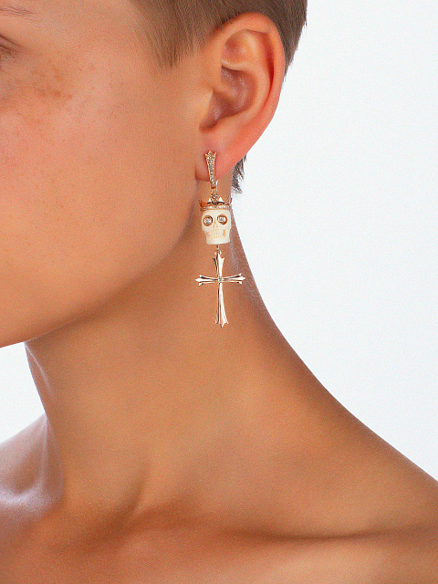 Rose Gold, Diamonds, Pearls & Mammoth Tusk Skull Earrings, 3